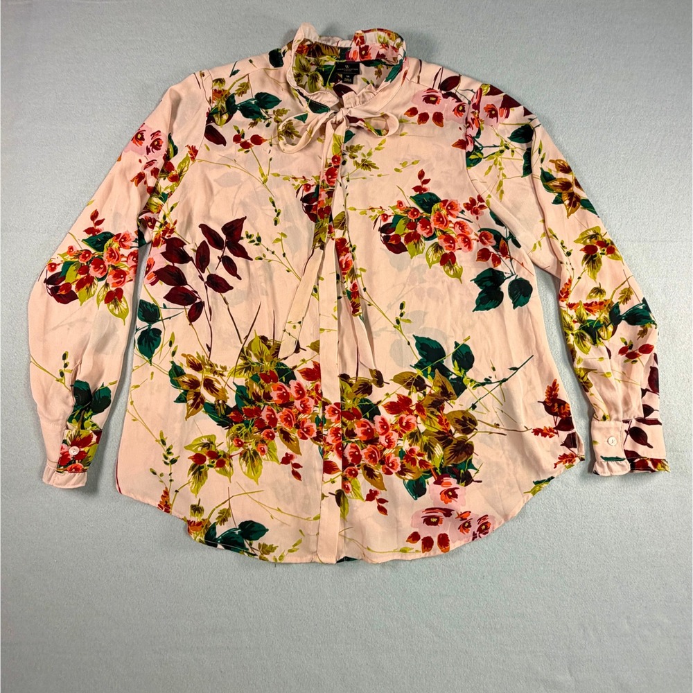 Worthington Womens Floral Tie Neck Ruffle Blouse 1X Pink Romantic Long Sleeve